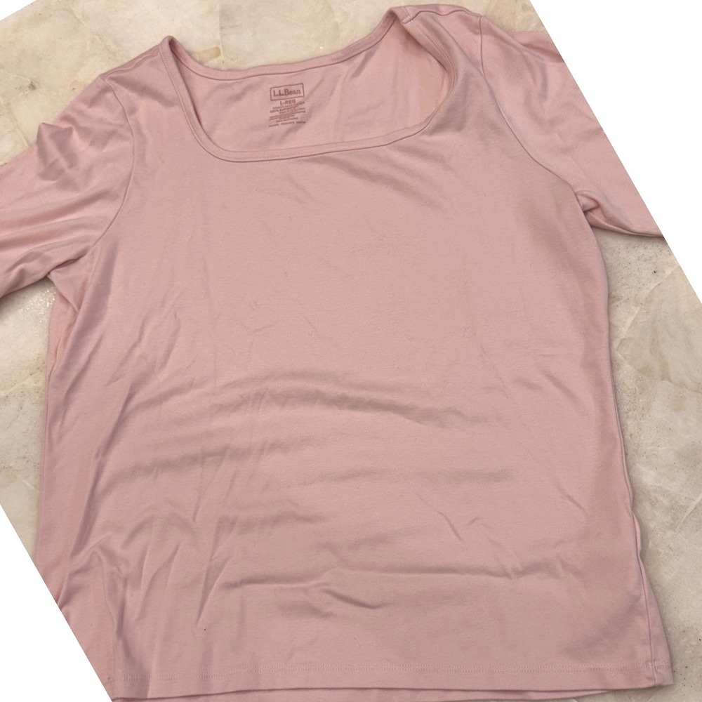 LL Bean Womens Supima Cotton Square Neck Short Sleeve Top Pink Large 521734